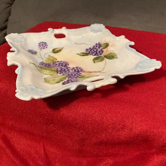 VTG 1977 Handpainted Square China Plate w/Handles-Signed-Purple Florals-8" D-EUC - Picture 9 of 9